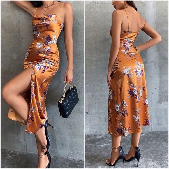Boho Floral Tropical Print Slit Satin Dress - Picture 3 of 3